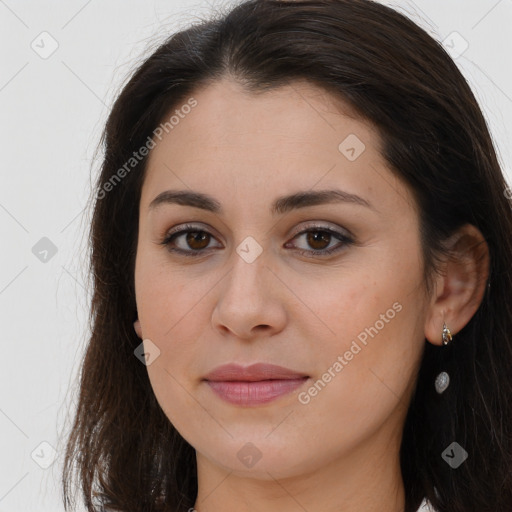 Joyful white young-adult female with long  brown hair and brown eyes