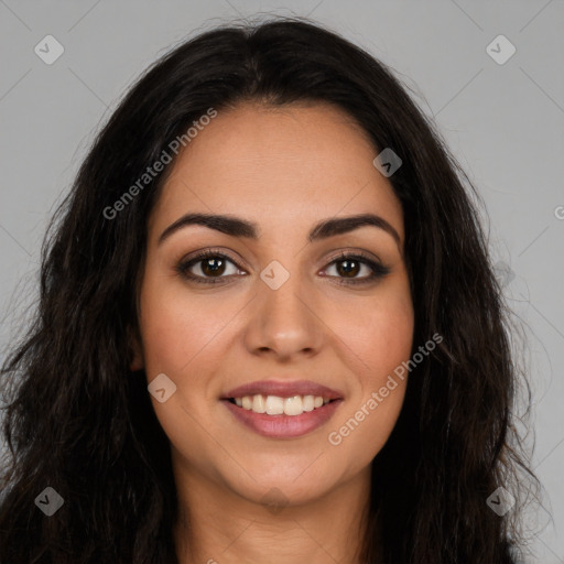 Joyful latino young-adult female with long  brown hair and brown eyes