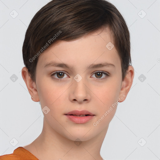 Neutral white young-adult female with short  brown hair and brown eyes