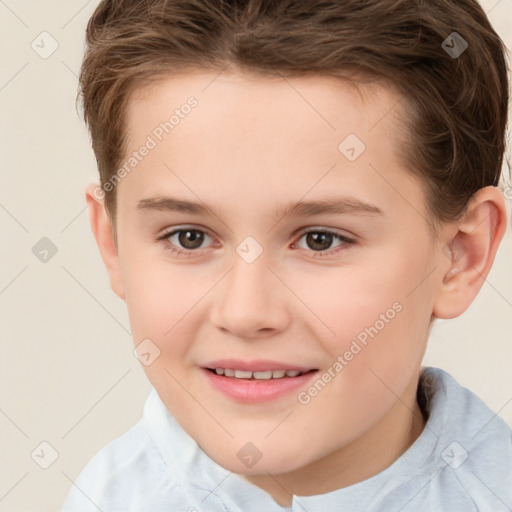 Joyful white child female with short  brown hair and brown eyes