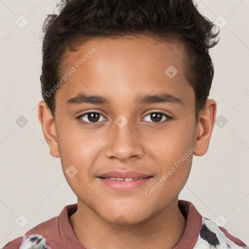 Joyful white child male with short  brown hair and brown eyes