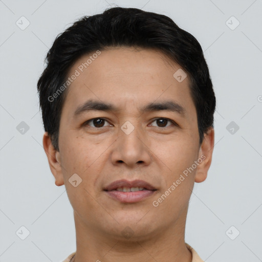 Neutral asian young-adult male with short  brown hair and brown eyes