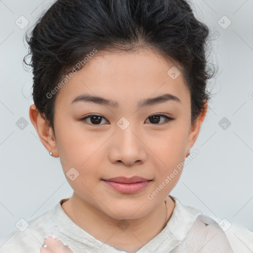 Joyful asian child female with short  brown hair and brown eyes