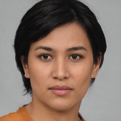 Neutral asian young-adult female with medium  black hair and brown eyes