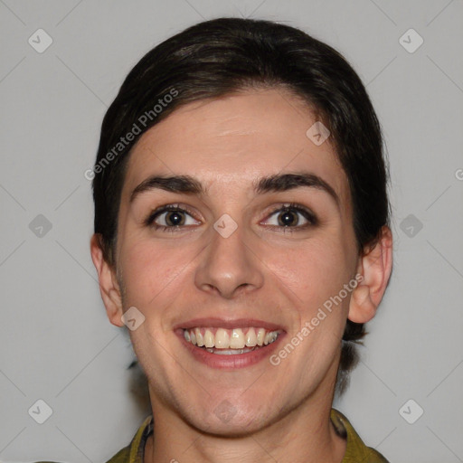 Joyful white young-adult female with medium  brown hair and brown eyes