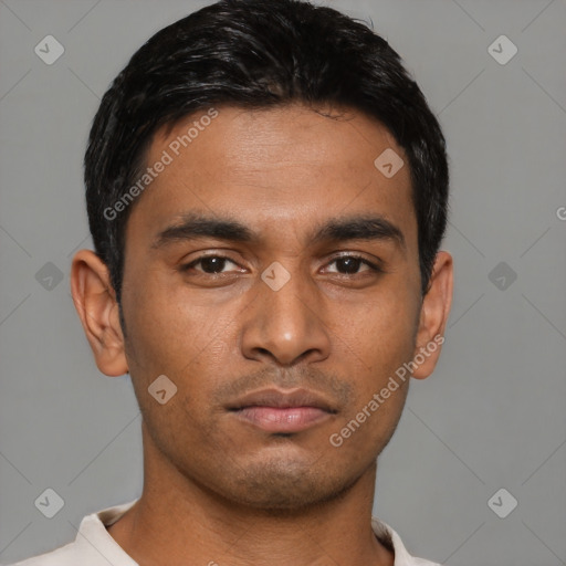 Neutral asian young-adult male with short  black hair and brown eyes