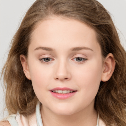 Joyful white young-adult female with long  brown hair and blue eyes