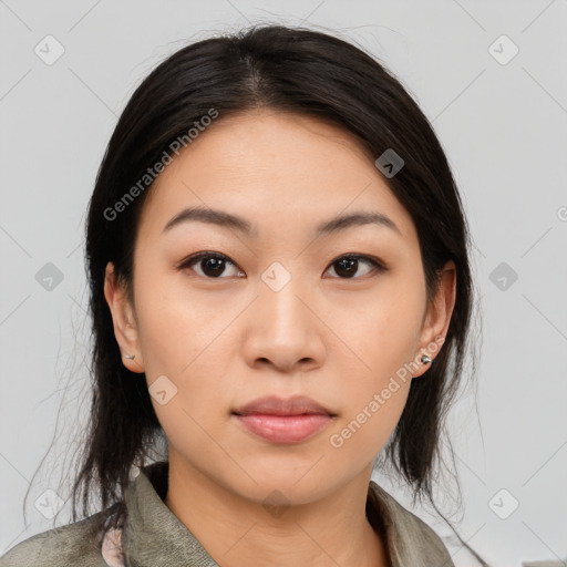 Neutral asian young-adult female with medium  black hair and brown eyes