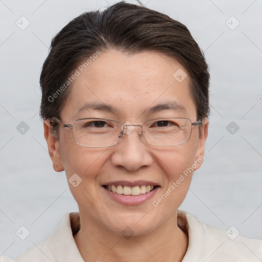 Joyful white adult female with short  brown hair and brown eyes