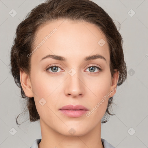 Neutral white young-adult female with medium  brown hair and grey eyes