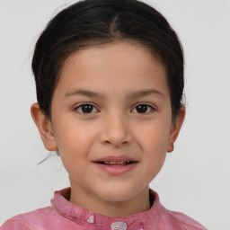 Joyful white child female with short  brown hair and brown eyes