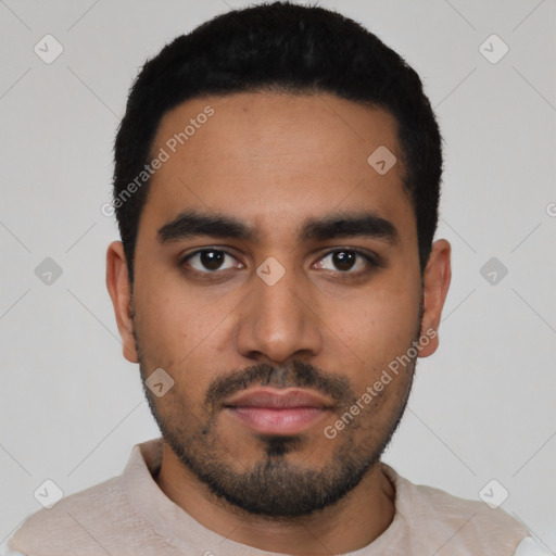 Neutral latino young-adult male with short  black hair and brown eyes