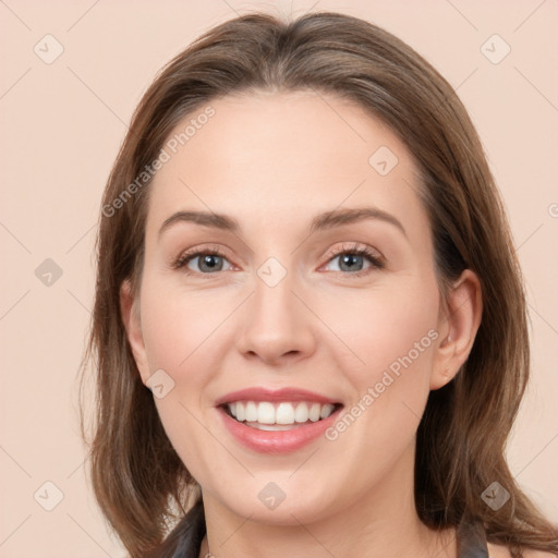 Joyful white young-adult female with medium  brown hair and grey eyes