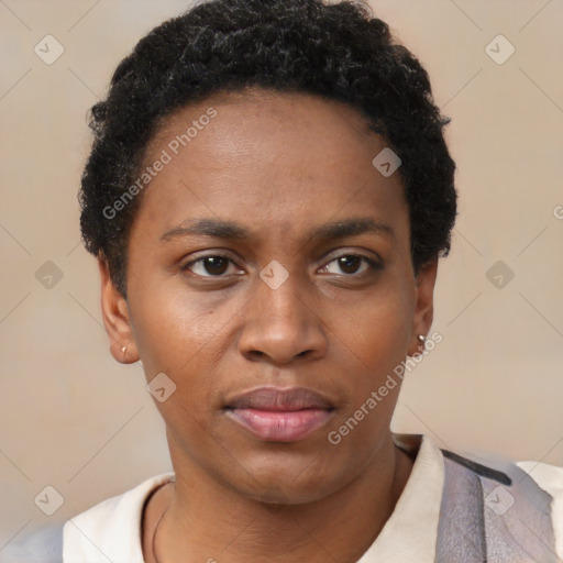 Neutral black young-adult female with short  black hair and brown eyes