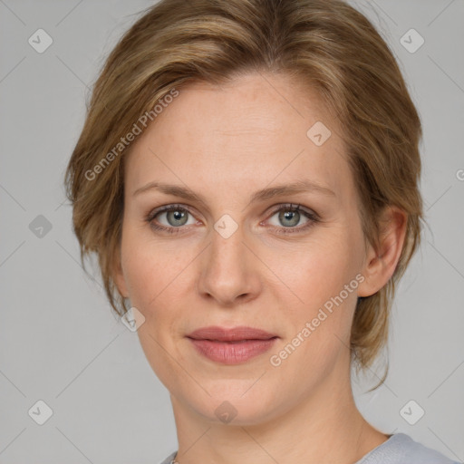 Joyful white young-adult female with medium  brown hair and green eyes