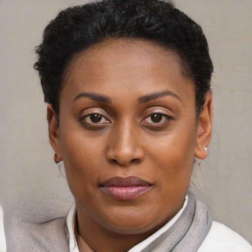 Joyful black young-adult female with short  brown hair and brown eyes