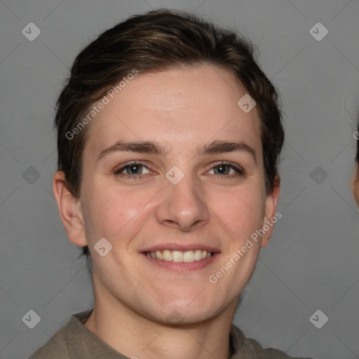 Joyful white young-adult female with short  brown hair and grey eyes