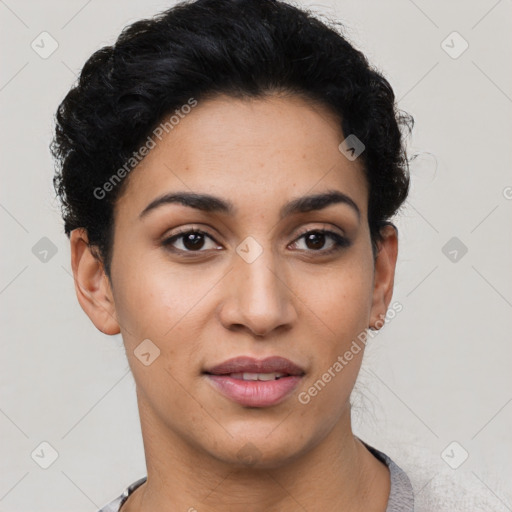 Joyful latino young-adult female with short  brown hair and brown eyes