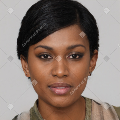 Joyful black young-adult female with short  black hair and brown eyes