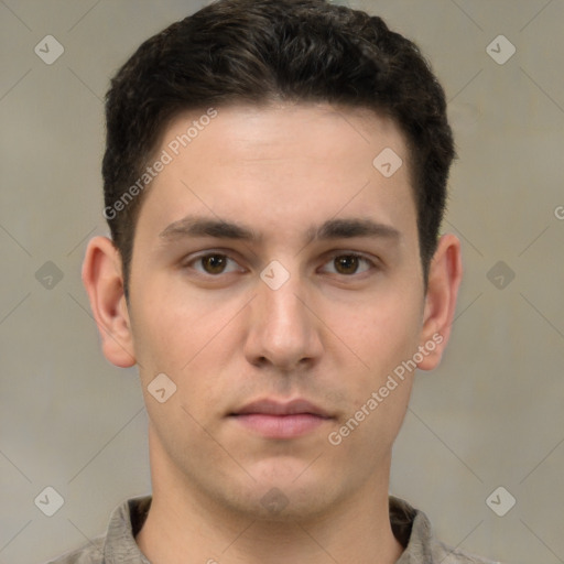 Neutral white young-adult male with short  brown hair and brown eyes