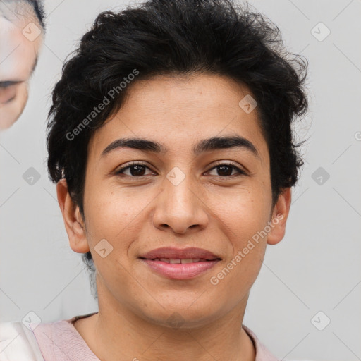 Joyful asian young-adult female with short  brown hair and brown eyes