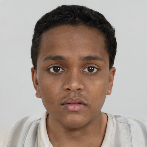 Neutral black young-adult male with short  brown hair and brown eyes