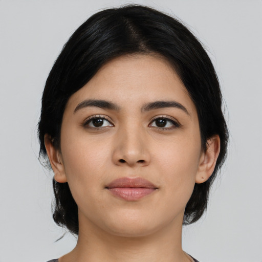 Neutral asian young-adult female with medium  black hair and brown eyes