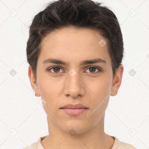 Neutral white young-adult male with short  brown hair and brown eyes