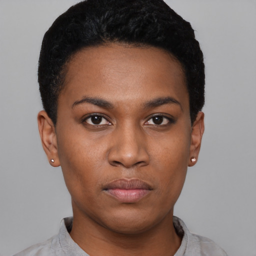 Neutral black young-adult female with short  black hair and brown eyes