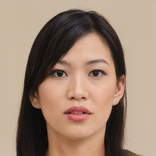 Neutral asian young-adult female with long  black hair and brown eyes