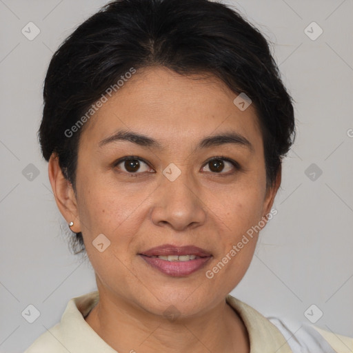 Joyful asian young-adult female with short  brown hair and brown eyes