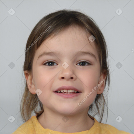 Joyful white child female with medium  brown hair and brown eyes