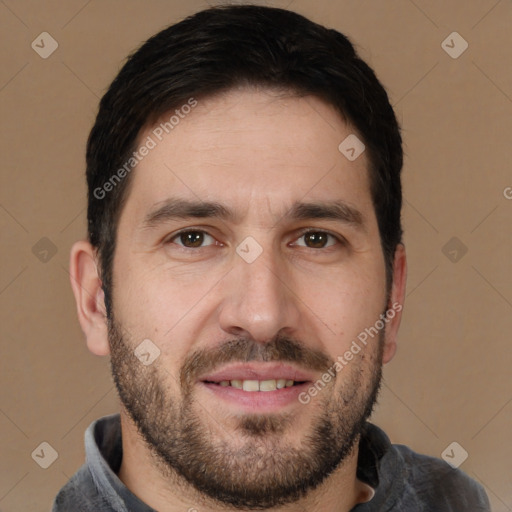 Joyful white young-adult male with short  black hair and brown eyes