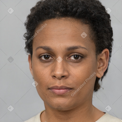 Neutral black young-adult female with short  brown hair and brown eyes