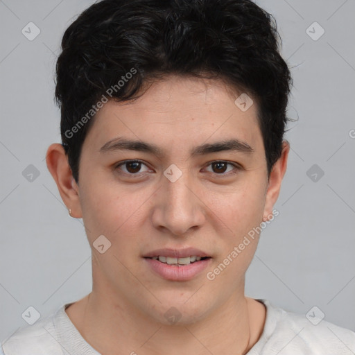 Joyful asian young-adult male with short  brown hair and brown eyes