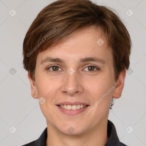 Joyful white young-adult female with short  brown hair and grey eyes