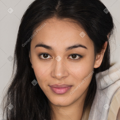 Joyful latino young-adult female with long  brown hair and brown eyes