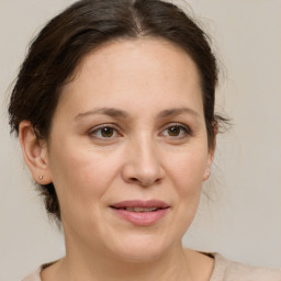 Joyful white adult female with medium  brown hair and brown eyes