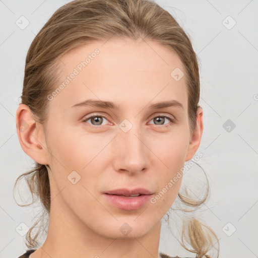 Neutral white young-adult female with medium  brown hair and grey eyes