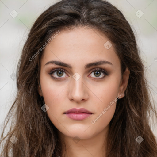 Neutral white young-adult female with long  brown hair and brown eyes