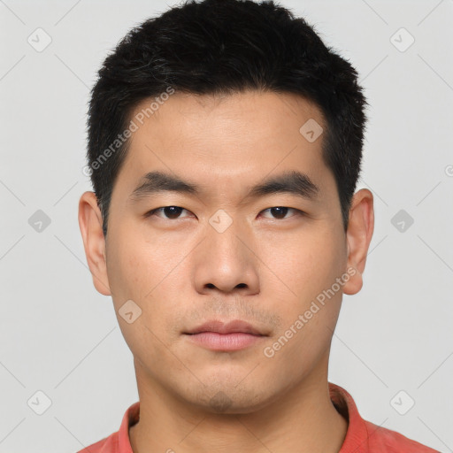 Neutral asian young-adult male with short  black hair and brown eyes