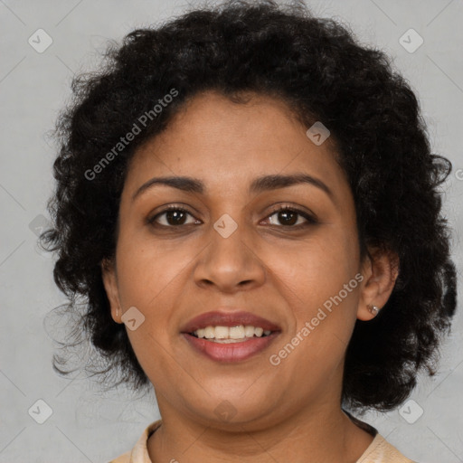 Joyful latino young-adult female with short  brown hair and brown eyes