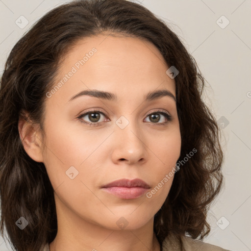 Neutral white young-adult female with medium  brown hair and brown eyes