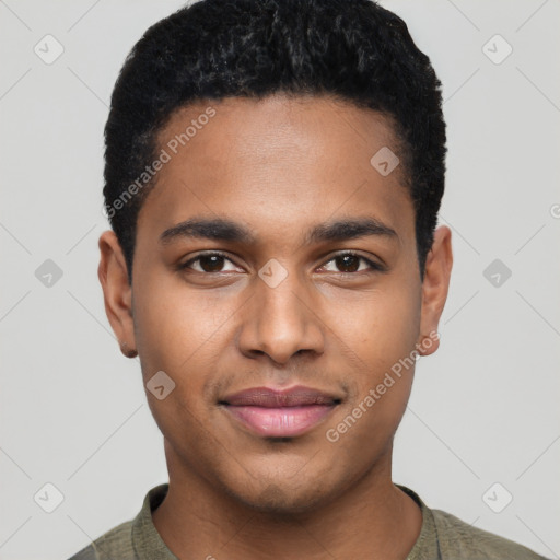 Joyful black young-adult male with short  black hair and brown eyes