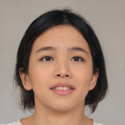 Neutral asian young-adult female with medium  brown hair and brown eyes