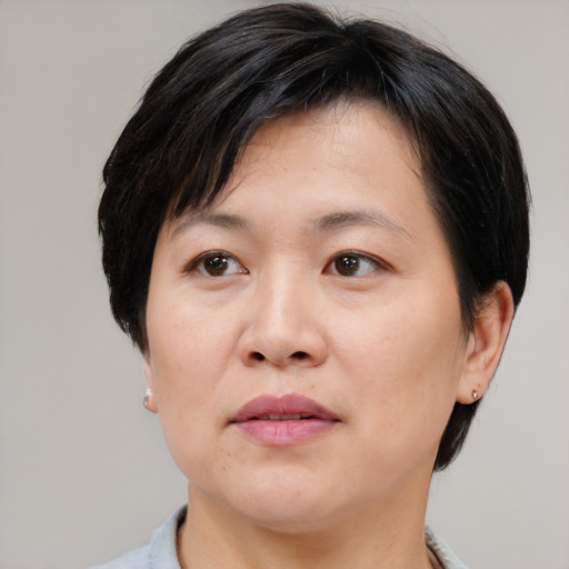 Neutral asian adult female with medium  brown hair and brown eyes