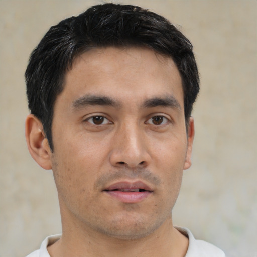 Neutral asian young-adult male with short  black hair and brown eyes