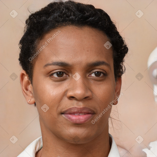 Joyful latino young-adult female with short  brown hair and brown eyes