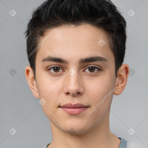 Neutral white young-adult male with short  brown hair and brown eyes