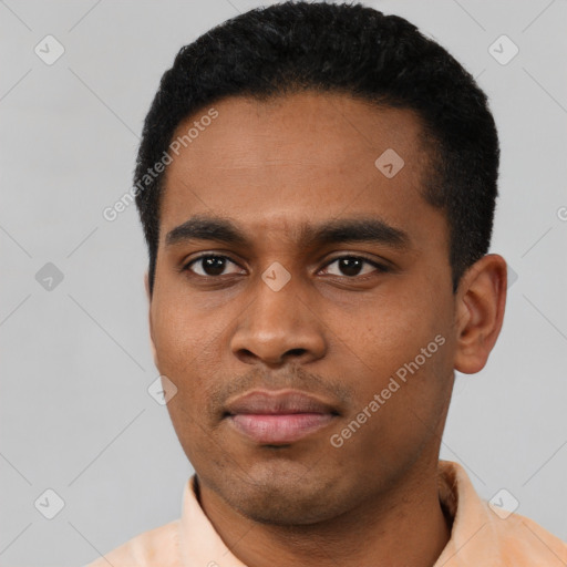 Neutral latino young-adult male with short  black hair and brown eyes